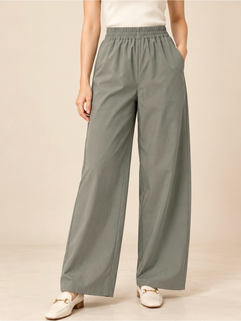 Wide-Leg Elastic Waist Pants in Sage Green